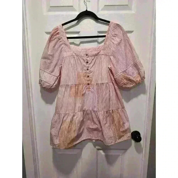 Maeve By Anthropologie Size Small Pink Orange Tunic Top PuffSleeve Tiered Cotton - Picture 1 of 9